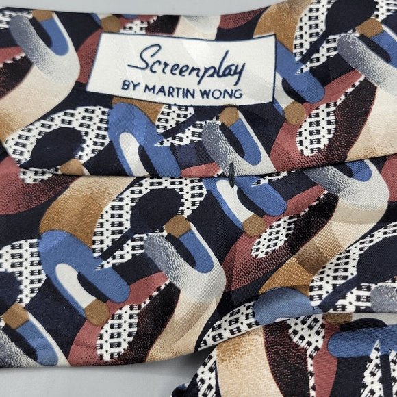 MARTIN WONG Screenplay Neck Tie Mens Abstract Blue Brown Silk NWT - Picture 4 of 7